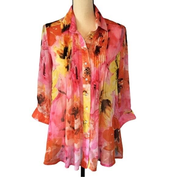 Fever Women’s Sheer Button Up Blouse Pink With Watercolor Floral Design Small - Picture 1 of 5